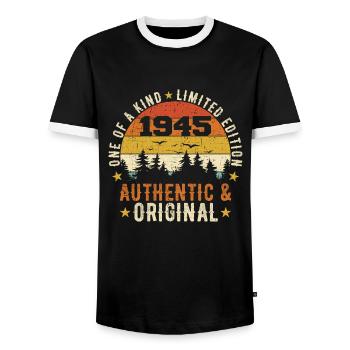 Original 1945 Birthday Gift 1945 Authentic - Men's Ringer Shirt - black/white - Front - AI Model Female 172 light (172cm) & AI Model Male 178 light (178cm)