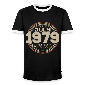 1979 Birthday July 1979 Gift July 1979 - Men's Ringer Shirt - black/white - Front - AI Model Female 172 light (172cm) & AI Model Male 178 light (178cm)