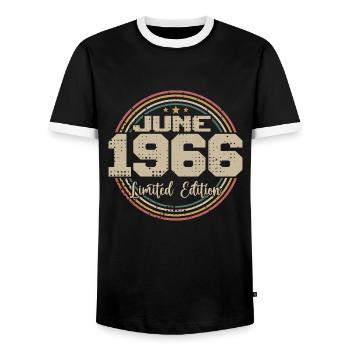 Born in June 1966 Birthday 11966 June 1966 June - Men's Ringer Shirt - black/white - Front - AI Model Female 172 light (172cm) & AI Model Male 178 light (178cm)