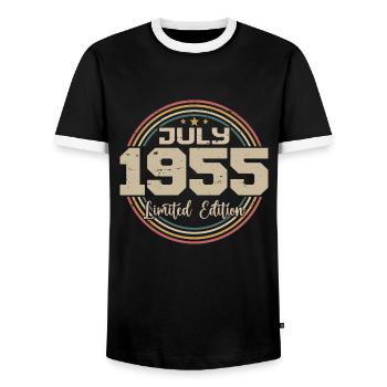 1955 Birthday July 1955 Gift July 1955 - Men's Ringer Shirt - black/white - Front - AI Model Female 172 light (172cm) & AI Model Male 178 light (178cm)
