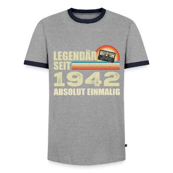 Legendary since 1942 - absolutely unique - Men's Ringer Shirt - grey/navy  - Front - AI Model Female 172 light (172cm) & AI Model Male 178 light (178cm)