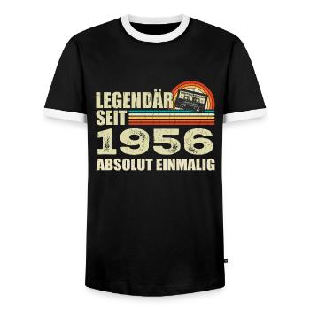 Legendary since 1956 - absolutely unique - Men's Ringer Shirt - black/white - Front - AI Model Female 172 light (172cm) & AI Model Male 178 light (178cm)