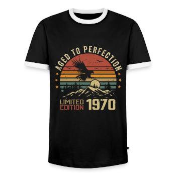 Vintage 1970er Jahre Limitierte Auflage 1970er Jahre Retro 1970er Jahre - Männer Kontrast-T-Shirt - Schwarz/Weiß - Vorne - AI Model Female 172 light (172cm) & AI Model Male 178 light (178cm)