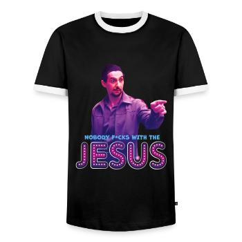 The Big Lebowski - Nobody F*cks With The Jesus - Men's Ringer Shirt - black/white - Front - AI Model Female 172 light (172cm) & AI Model Male 178 light (178cm)