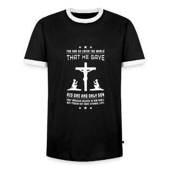 Jesus is Lord, God, Christ, John 3:16, Bible - Men's Ringer Shirt - black/white - Front - AI Model Female 172 light (172cm) & AI Model Male 178 light (178cm)