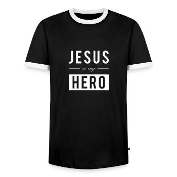 Jésus Christ, héros, Jésus est Seigneur, Bible, foi - T-shirt contrasté Homme - noir/blanc - Devant - AI Model Female 172 light (172cm) & AI Model Male 178 light (178cm)