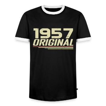 Born in 1957 Vintage 1957 Retro Anniversary 1957 - Men's Ringer Shirt - black/white - Front - AI Model Female 172 light (172cm) & AI Model Male 178 light (178cm)