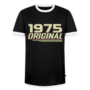 Born in 1975 Vintage 1975 Retro Anniversary 1975 - Men's Ringer Shirt - black/white - Front - AI Model Female 172 light (172cm) & AI Model Male 178 light (178cm)