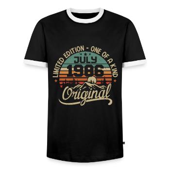 July 1986 Gift Birthday Gift 1986 July - Men's Ringer Shirt - black/white - Front - AI Model Female 172 light (172cm) & AI Model Male 178 light (178cm)