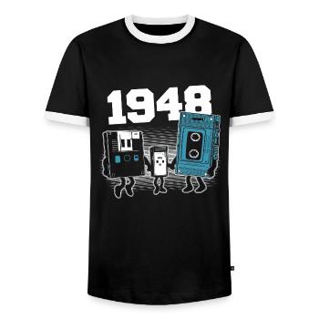 Vintage Born In 1948 Birthday Gift 1948 - Men's Ringer Shirt - black/white - Front - AI Model Female 172 light (172cm) & AI Model Male 178 light (178cm)