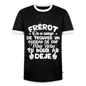 Frérot on a essayé de trouver un cadeau - T-shirt contrasté Homme - noir/blanc - Devant - AI Model Female 172 light (172cm) & AI Model Male 178 light (178cm)