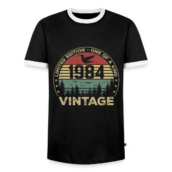 Vintage 1984 Original 1984 Retro Anniversary 1984 - Men's Ringer Shirt - black/white - Front - AI Model Female 172 light (172cm) & AI Model Male 178 light (178cm)