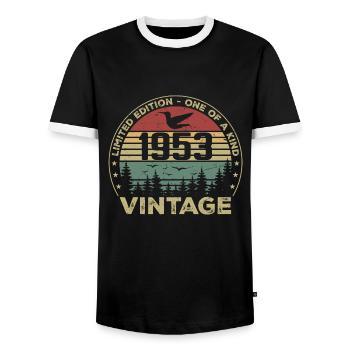 Vintage 1953 Original 1953 Retro Anniversary 1953 - Men's Ringer Shirt - black/white - Front - AI Model Female 172 light (172cm) & AI Model Male 178 light (178cm)