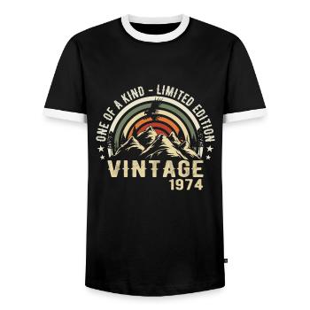 Jahrgang 1974 Jahrgang 1974 Retro Geburtstag 1974 - Männer Kontrast-T-Shirt - Schwarz/Weiß - Vorne - AI Model Female 172 light (172cm) & AI Model Male 178 light (178cm)