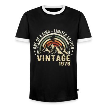 Born in 1976 Vintage 1976 Retro Birthday 1976 - Men's Ringer Shirt - black/white - Front - AI Model Female 172 light (172cm) & AI Model Male 178 light (178cm)