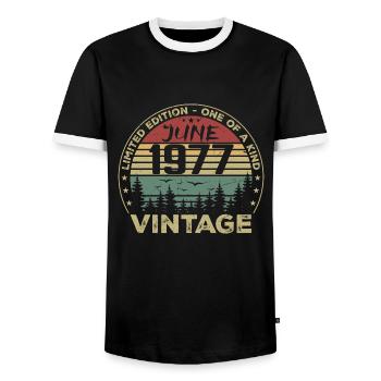 Gift June 1977 Birthday June 1977 June 1977 - Men's Ringer Shirt - black/white - Front - AI Model Female 172 light (172cm) & AI Model Male 178 light (178cm)