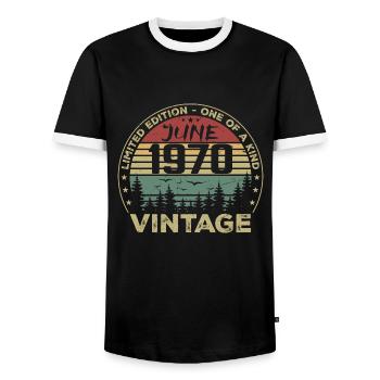 Gift June 1970 Birthday June 1970 June 1970 - Men's Ringer Shirt - black/white - Front - AI Model Female 172 light (172cm) & AI Model Male 178 light (178cm)