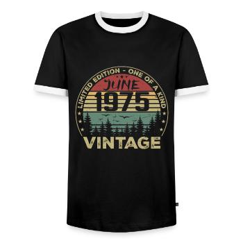 Gift June 1975 Anniversary June 1975 June 1975 - Men's Ringer Shirt - black/white - Front - AI Model Female 172 light (172cm) & AI Model Male 178 light (178cm)
