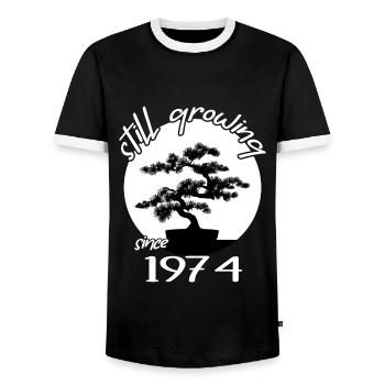 1974 Birthday Bonsai tree "Still growing" Nebari - Men's Ringer Shirt - black/white - Front - AI Model Female 172 light (172cm) & AI Model Male 178 light (178cm)