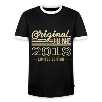 June 2018 Birthday June 2018 - Born in June 2018 - Men's Ringer Shirt - black/white - Front - AI Model Female 172 light (172cm) & AI Model Male 178 light (178cm)