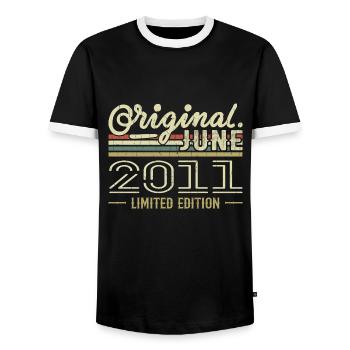 June 2011 Birthday June 2011 - Born in June 2011 - Men's Ringer Shirt - black/white - Front - AI Model Female 172 light (172cm) & AI Model Male 178 light (178cm)