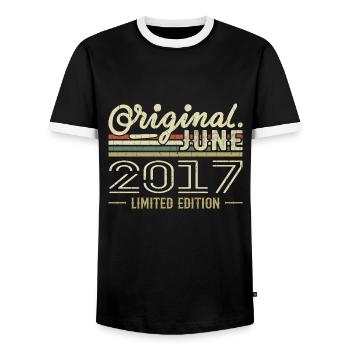 June 2017 Birthday June 2017 - Born in June 2017 - Men's Ringer Shirt - black/white - Front - AI Model Female 172 light (172cm) & AI Model Male 178 light (178cm)