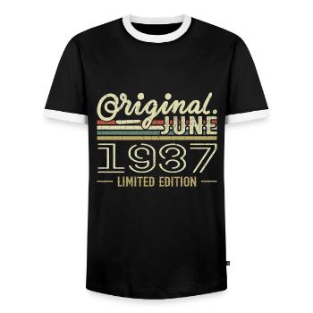 June 1987 Birthday June 1987 - Born in June 1987 - Men's Ringer Shirt - black/white - Front - AI Model Female 172 light (172cm) & AI Model Male 178 light (178cm)