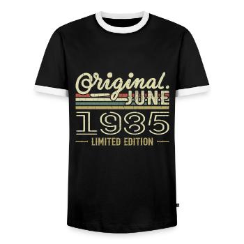 Juin 1985 Anniversaire Juin 1985 - Né en Juin 1985 - T-shirt contrasté Homme - noir/blanc - Devant - AI Model Female 172 light (172cm) & AI Model Male 178 light (178cm)