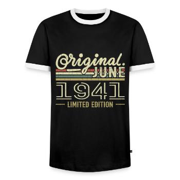 June 1941 Birthday June 1941 - Born in June 1941 - Men's Ringer Shirt - black/white - Front - AI Model Female 172 light (172cm) & AI Model Male 178 light (178cm)