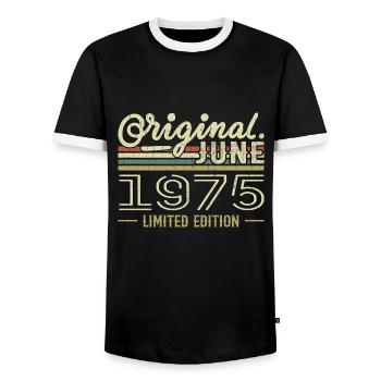 June 1975 Birthday June 1975 - Born in June 1975 - Men's Ringer Shirt - black/white - Front - AI Model Female 172 light (172cm) & AI Model Male 178 light (178cm)