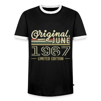June 1967 Birthday June 1967 - Born in June 1967 - Men's Ringer Shirt - black/white - Front - AI Model Female 172 light (172cm) & AI Model Male 178 light (178cm)