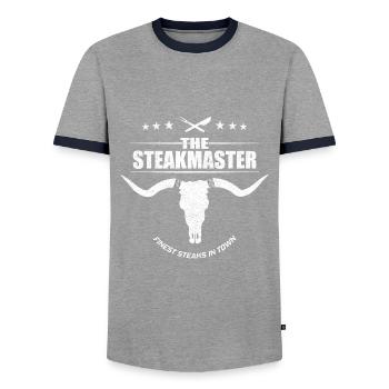 The Steakmaster - Männer Kontrast-T-Shirt - Grau/Navy  - Vorne - AI Model Female 172 light (172cm) & AI Model Male 178 light (178cm)
