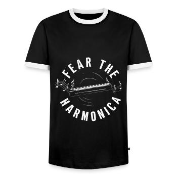 Cadeau de jeu d’harmonica - T-shirt contrasté Homme - noir/blanc - Devant - AI Model Female 172 light (172cm) & AI Model Male 178 light (178cm)