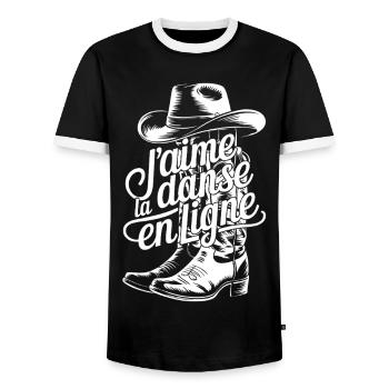 Cowboy boot and flowing lettering - Men's Ringer Shirt - black/white - Front - AI Model Female 172 light (172cm) & AI Model Male 178 light (178cm)