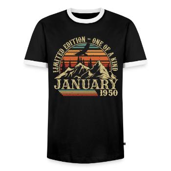 Janvier 1950 - Cadeau Anniversaire Janvier 1950 - T-shirt contrasté Homme - noir/blanc - Devant - AI Model Female 172 light (172cm) & AI Model Male 178 light (178cm)
