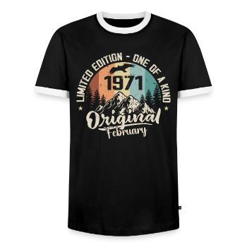 February 1971 - Gift February 1971 - Men's Ringer Shirt - black/white - Front - AI Model Female 172 light (172cm) & AI Model Male 178 light (178cm)