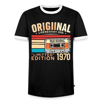 Original 1970's, Legendary since 1970's Vintage 1970's - Men's Ringer Shirt - black/white - Front - AI Model Female 172 light (172cm) & AI Model Male 178 light (178cm)