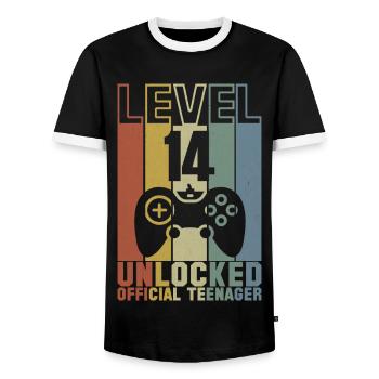 LEVEL 14 FREIGESCHALTET 14. GEBURTSTAG GESCHENK - Männer Kontrast-T-Shirt - Schwarz/Weiß - Vorne - AI Model Female 172 light (172cm) & AI Model Male 178 light (178cm)