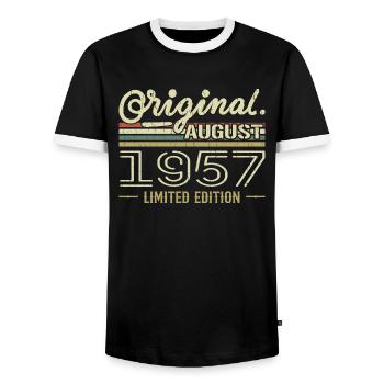 August 1957 Geburtstag August 1957 August 1957 Retro - Männer Kontrast-T-Shirt - Schwarz/Weiß - Vorne - AI Model Female 172 light (172cm) & AI Model Male 178 light (178cm)