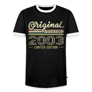 August 2003 Birthday August 2003 August 2003 Retro - Men's Ringer Shirt - black/white - Front - AI Model Female 172 light (172cm) & AI Model Male 178 light (178cm)