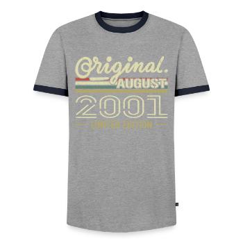 August 2001 Birthday August 2001 August 2001 Retro - Men's Ringer Shirt - grey/navy  - Front - AI Model Female 172 light (172cm) & AI Model Male 178 light (178cm)