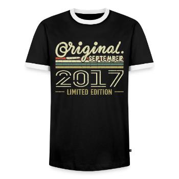 September 2017 Birthday Gift September 2017 - Men's Ringer Shirt - black/white - Front - AI Model Female 172 light (172cm) & AI Model Male 178 light (178cm)