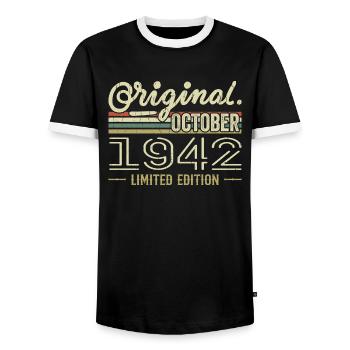 Born in October 1942 Retro Birthday October 1942 - Men's Ringer Shirt - black/white - Front - AI Model Female 172 light (172cm) & AI Model Male 178 light (178cm)