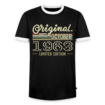 Born in October 1968 Retro Birthday October 1968 - Men's Ringer Shirt - black/white - Front - AI Model Female 172 light (172cm) & AI Model Male 178 light (178cm)