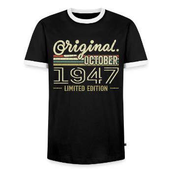 Geboren im Oktober 1947 Retro-Geburtstag Oktober 1947 - Männer Kontrast-T-Shirt - Schwarz/Weiß - Vorne - AI Model Female 172 light (172cm) & AI Model Male 178 light (178cm)