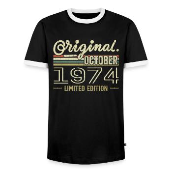 Born in October 1974 Retro Birthday October 1974 - Men's Ringer Shirt - black/white - Front - AI Model Female 172 light (172cm) & AI Model Male 178 light (178cm)