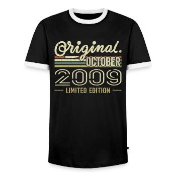 Born in October 2009 Retro Birthday October 2009 - Men's Ringer Shirt - black/white - Front - AI Model Female 172 light (172cm) & AI Model Male 178 light (178cm)