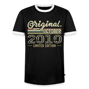 Born in October 2010 Retro Birthday October 2010 - Men's Ringer Shirt - black/white - Front - AI Model Female 172 light (172cm) & AI Model Male 178 light (178cm)
