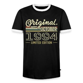 Born in October 1994 Retro Birthday October 1994 - Men's Ringer Shirt - black/white - Front - AI Model Female 172 light (172cm) & AI Model Male 178 light (178cm)