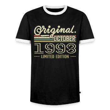 Born in October 1998 Retro Birthday October 1998 - Men's Ringer Shirt - black/white - Front - AI Model Female 172 light (172cm) & AI Model Male 178 light (178cm)